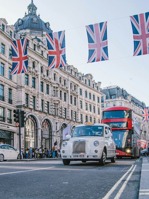 A London street with Union Jack flags