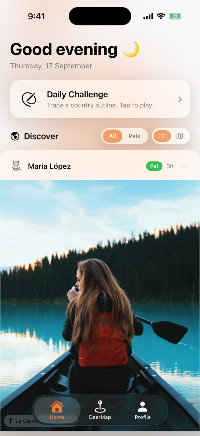 The DearMaps home feed with the daily challenge and a shared memory