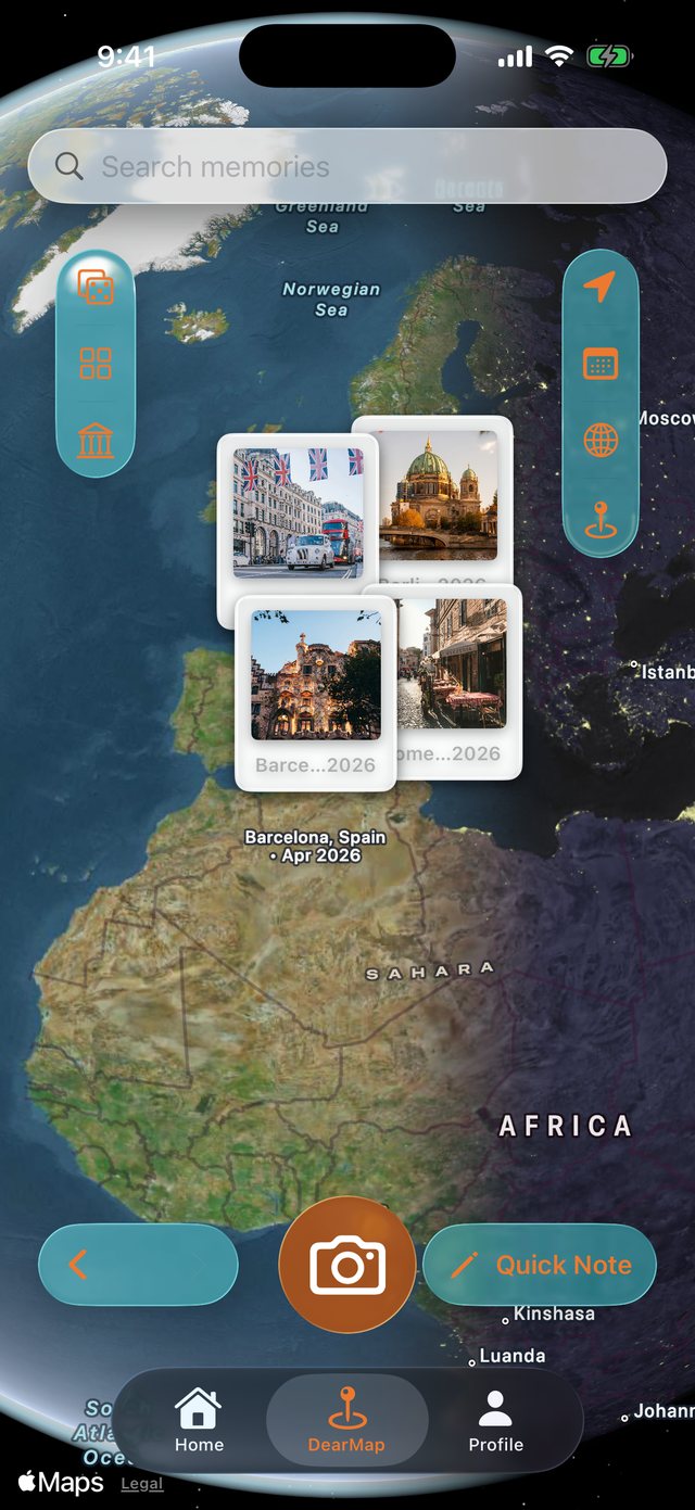 Photo memories pinned over Europe on the DearMaps globe